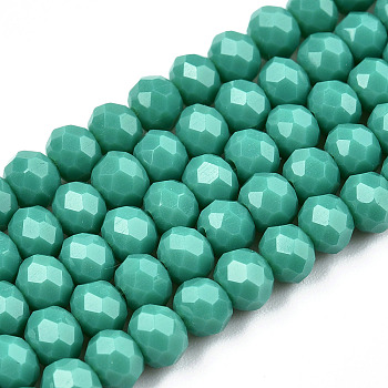 Opaque Solid Color Glass Beads Strands, Faceted, Rondelle, Light Sea Green, 4x3mm, Hole: 0.4mm, about 123~127pcs/strand, 16.5~16.9 inch(42~43cm)