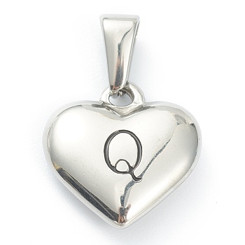 304 Stainless Steel Pendants, Heart with Black Letter, Stainless Steel Color, Letter.Q, 16x16x4.5mm, Hole: 7x3mm
