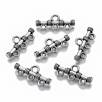 Tibetan Style Alloy Chandelier Components Links, 3-Strand Reducer Connector, Bar, Cadmium Free & Lead Free, Antique Silver, 9x20x3mm, Hole: 1.6mm & 2mm