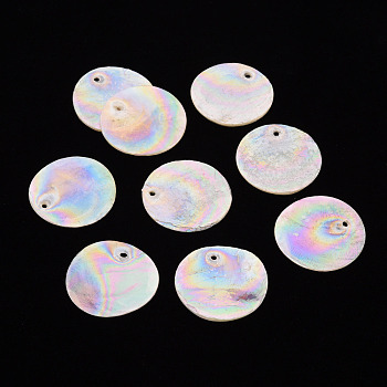 Electroplate Natural Capiz Shell Pendants, AB Color Plated, Flat Round, Seashell Color, 25x1mm, Hole: 1.5mm