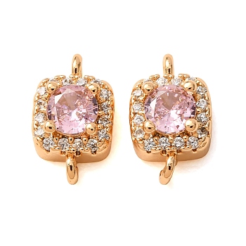 Brass Pave Pink Cubic Zirconia Connector Charms, Square Links, Real 18K Gold Plated, 11x6.5x4mm, Hole: 1mm