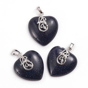 Synthetic Blue Goldstone Pendants, with Platinum Tone Brass Ice Pick Pinch Bails, Heart, 35~36x30~31x9mm, Hole: 7~8x5mm