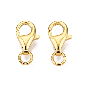 925 Sterling Silver Lobster Claw Clasps, with Jump Rings, Real 24K Gold Plated, 11x7x3mm, Hole: 2.7mm