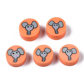 Handmade Polymer Clay Beads, for DIY Jewelry Crafts Supplies, Flat Round with Elephant, Tomato, 9~9.5x3.5~5mm, Hole: 1.6mm