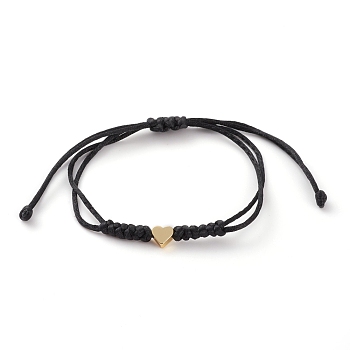 Unisex Adjustable Nylon Thread Braided Bead Bracelets, with Golden Plated Brass Heart Beads, Black, Inner Diameter: 5/8~3-1/2 inch(1.5~9cm)