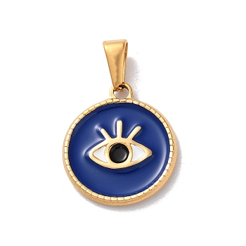 PVD Vacuum Plating 304 Stainless Steel Pendants, with Enamel, Flat Round with Evil Eye Charm, Golden, 21x18.5x2mm, Hole: 6x3mm