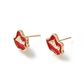 Brass with Red Enamel Stud Earring Findings, Lip, Real 18K Gold Plated, 10x13mm, Hole: 0.9mm, Pin: 11x0.8mm