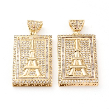 Brass Micro Pave Clear Cubic Zirconia Pendants, Long-Lasting Plated, Rectangle with Eiffel Tower, Real 18K Gold Plated, 47x24x6mm, Hole: 3.5x4.5mm