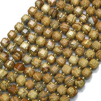 Natural Picture Jasper Beads Strands, with Seed Beads, Faceted Table Cut Cube, 8x8x8mm, Hole: 0.6mm, about 38pcs/strand, 15.35''(39cm)