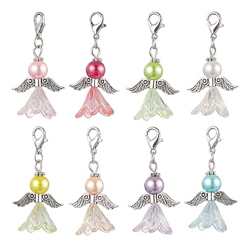 8Pcs 8 Colors Wedding Season Angel Glass Pearl & Acrylic Pendant Decorations, Zinc Alloy Lobster Claw Clasps Charms for Bag Key Chain Ornaments, Mixed Color, 44mm, Pendant: 30x22x16mm, 1pc/color