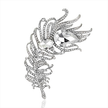 Rhinestone Feather Shape Lapel Pin, Silver Plated Alloy Brooch for Women, Crystal, 105x54mm
