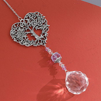 Alloy Heart with Tree of Life Pendant Decorations, Hanging Suncatchers, with Glass Teardrop Charm, Pearl Pink, 350mm