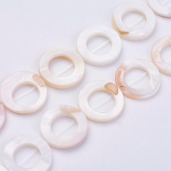 Natural Shell Beads Strands, Donut, Floral White, 20~20.5x2.5~3mm, Hole: 0.6mm, about 20pcs/strand, 15.74 inch(40cm)