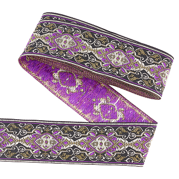Ethnic Style Embroidery Polyester Ribbons, Jacquard Ribbon, Tyrolean Ribbon, Garment Accessories, Flower Pattern, Dark Orchid, 1-7/8 inch(48mm), about 7.66 Yards(7m)/Roll