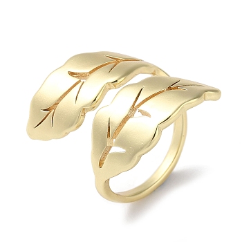 Rack Plating Brass Open Rings, Leaf Cuff Finger Ring for Women, Long-Lasting Plated, Lead Free & Cadmium Free, Real 18K Gold Plated, US Size 7 1/2(17.7mm)
