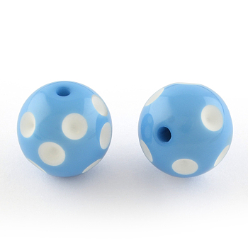 Chunky Bubblegum Acrylic Beads, Round with Polka Dot Pattern, Cornflower Blue, 20x19mm, Hole: 2.5mm, Fit for 5mm Rhinestone