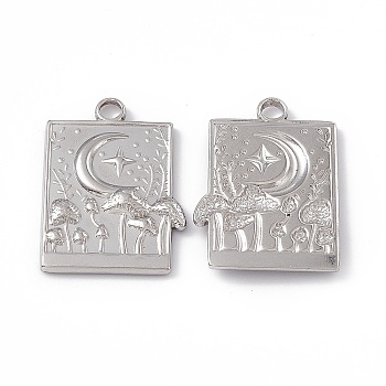 304 Stainless Steel Bigs Pendants, Rectangle with Moon and Mushroom, Stainless Steel Color, 25x18x2.5mm, Hole: 2.5mm