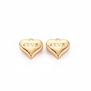 Brass Charms, Nickel Free, for Valentine's Day, Heart with Word 4EVR(Representing Forever), Real 18K Gold Plated, 9.5x10x4mm, Hole: 1.2mm