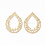 304 Stainless Steel Filigree Pendants, Textured, teardrop, with Lace, Golden, 46x33.5x0.5mm, Hole: 1.5mm(STAS-S079-106)