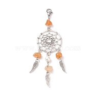Natural Red Aventurine Chip Pendant Decoration, Alloy Woven Net/Web with Wing Hanging Ornament, with Natural Cultured Freshwater Pearl, 304 Stainless Steel Lobster Claw Clasps, 98~100mm(HJEW-JM00719-04)