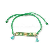 Handmade Japanese Seed Rectangle with Flower Link Braided Bead Bracelet, Tassel Charm Bracelet for Women, Spring Green, Maximum Inner Diameter: 3-1/2 inch(9cm)(BJEW-MZ00014-01)