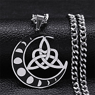 Non-Tarnish 304 Stainless Steel Pendant Necklaces, Moon with Triquetra/Trinity Knot, Stainless Steel Color, 19.53 inch(49.6cm)(NJEW-C042-10P)