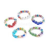 Handmade Millefiori Glass Beaded Stretch Rings, with Evil Eye Lampwork Beads and Brass Beads, Golden, Mixed Color, US Size 10 1/2(20.1mm)(RJEW-JR00338)
