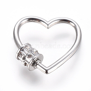 Brass Micro Pave Cubic Zirconia Screw Carabiner Lock Charms, for Necklaces Making, Heart, Clear, Platinum, 23x23x2~5.5mm(ZIRC-F105-17P)