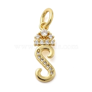 Brass Micro Pave Cubic Zirconia Pendants, with Jump Ring, Letter S, 17x6x2mm, Ring: 6x1mm, Inner Diameter: 4mm(KK-M273-01G-S)