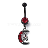 Hyacinth Rhinestone Charm Dangle Belly Rings, Alloy Belly Ring with 304 Stainless Steel with Pins for Women, Moon, 43.5x12mm(AJEW-D053-01B-EB)