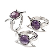 Natural Amethyst Adjustable Rings, Platinum Plated Brass Triple Moon Finger Rings for Women Men, US Size 7 1/4(17.5mm)(RJEW-K271-01P-07)