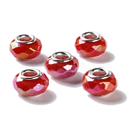 Opaque Brass Cores Acrylic European Beads, Rondelle, Large Hole Bead, Faceted, Silver, FireBrick, 15x9mm, Hole: 5mm(OACR-M024-03S-04)