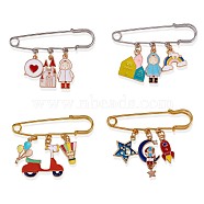 4Pcs 4 Style Castle & Girl & Planet & Motorbike Enamel Charms Safety Pins Brooches, Cute Cartoon Alloy Badges for Sweater Shirt Dresses Decoration Accessories, Golden, Mixed Color, 64x17mm, 1Pc/style(JX120A)
