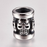 304 Stainless Steel Beads, Column with Skull, Large Hole Beads, Antique Silver, 13x10mm, Hole: 6mm(STAS-I070-02AS)