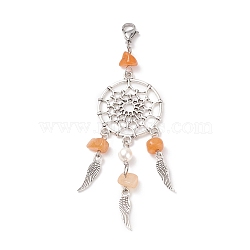 Natural Red Aventurine Chip Pendant Decoration, Alloy Woven Net/Web with Wing Hanging Ornament, with Natural Cultured Freshwater Pearl, 304 Stainless Steel Lobster Claw Clasps, 98~100mm(HJEW-JM00719-04)