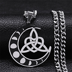304 Stainless Steel Pendant Necklaces, Moon with Triquetra/Trinity Knot, Stainless Steel Color, 19.53 inch(49.6cm)(NJEW-C042-10P)