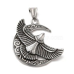 304 Stainless Steel Pendants, Moon with Eagle Charm, Antique Silver, 46x41x4.5mm, Hole: 9x5mm(STAS-D091-03AS)