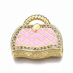 Brass Micro Pave Cubic Zirconia Enamel Pendants, Nickel Free, Bag, Real 16K Gold Plated, Pink, 17.5x19x5mm, Hole: 3x6mm(ZIRC-Q200-021E-NF)