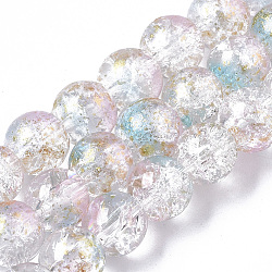 Transparent Spray Painted Crackle Glass Bead Strands, with Golden Foil, Round, Light Sky Blue, 8~9mm, Hole: 1.2~1.5mm, about 46~56pcs/Strand, 14.37 inch~16.3 inch(36.5~41.4cm)(GLAA-N035-03C-A07)