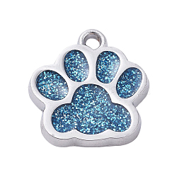 Alloy Enamel Charms, with Glitter Powder, Dog Paw Prints, Platinum, Steel Blue, 17.7x16.6x2mm, Hole: 2mm(ENAM-TAC0001-05C)