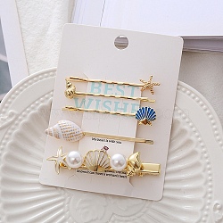 Conch/Starfish/Shell Shape Alloy Hair Bobby Pin Sets, with Rhinestone and Plastic Imitation Pearl and Enamel, White, 55~63.5mm, 5pcs/set(AJEW-A056-02C)