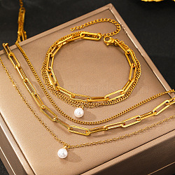 3-Layer Stainless Steel Oval Link Chain Necklaces & Bracelets Sets, with Plastic Pearl Round Charm, Golden, 400mm(FS-WGE493C-01)