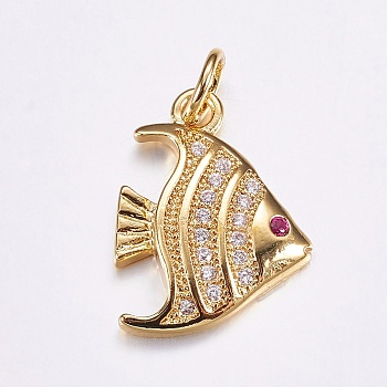 Brass Micro Pave Cubic Zirconia Pendants, Long-Lasting Plated, Real 18K Gold Plated, Fish, 17x12x3mm, Hole: 3mm