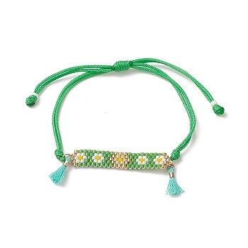 Handmade Japanese Seed Rectangle with Flower Link Braided Bead Bracelet, Tassel Charm Bracelet for Women, Spring Green, Maximum Inner Diameter: 3-1/2 inch(9cm)