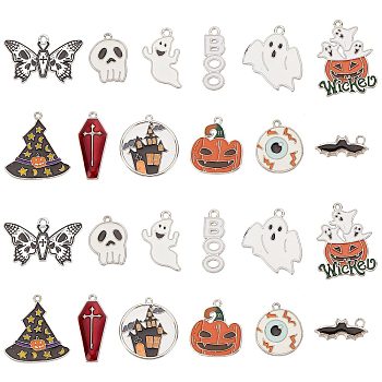 24Pcs 12 Styles Halloween Alloy Enamel Pendant, Ghost & Bat & Butterfly, Mixed Color, 8.5~28x8~30x1~3mm, Hole: 1.2~2mm, 2pcs/style