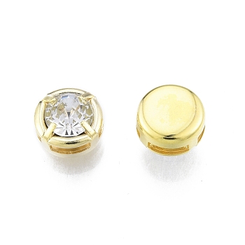 Brass Micro Pave Clear Cubic Zirconia Beads, Flat Round, Real 18K Gold Plated, 8.8x5.8mm, Hole: 1.2x4.9mm