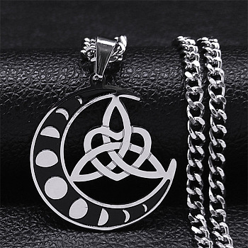 304 Stainless Steel Pendant Necklaces, Moon with Triquetra/Trinity Knot, Stainless Steel Color, 19.53 inch(49.6cm)