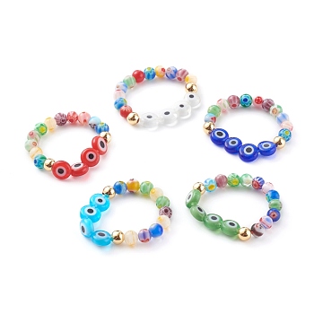 Handmade Millefiori Glass Beaded Stretch Rings, with Evil Eye Lampwork Beads and Brass Beads, Golden, Mixed Color, US Size 10 1/2(20.1mm)
