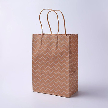 kraft Paper Bags, with Handles, Gift Bags, Shopping Bags, Brown Paper Bag, Rectangle, Wave Pattern, Camel, 27x21x10cm