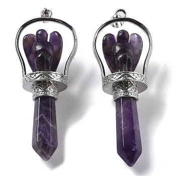 Natural Amethyst Pointed Big Pendants, Faceted Bullet & Angel Charms with Brass Findings, Rack Plating, Platinum, 71~77x27~28x19~20mm, Hole: 6.5x4.5mm